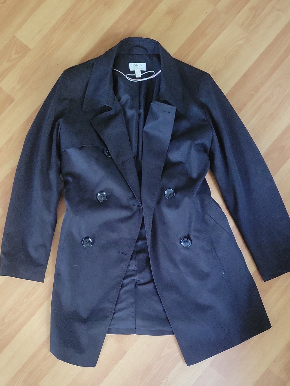 Only Black Double-Breasted Trench Coat with Notch Lapel
